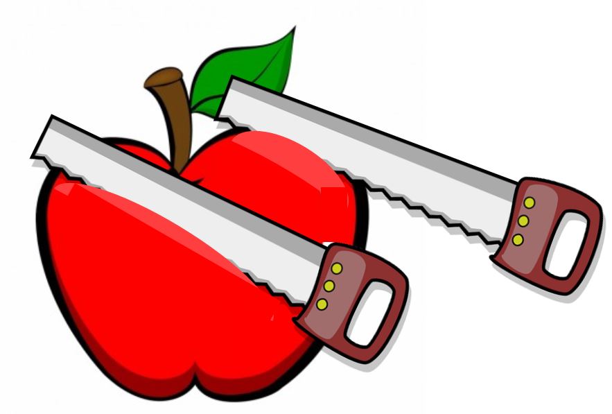 Two saws cutting into an apple